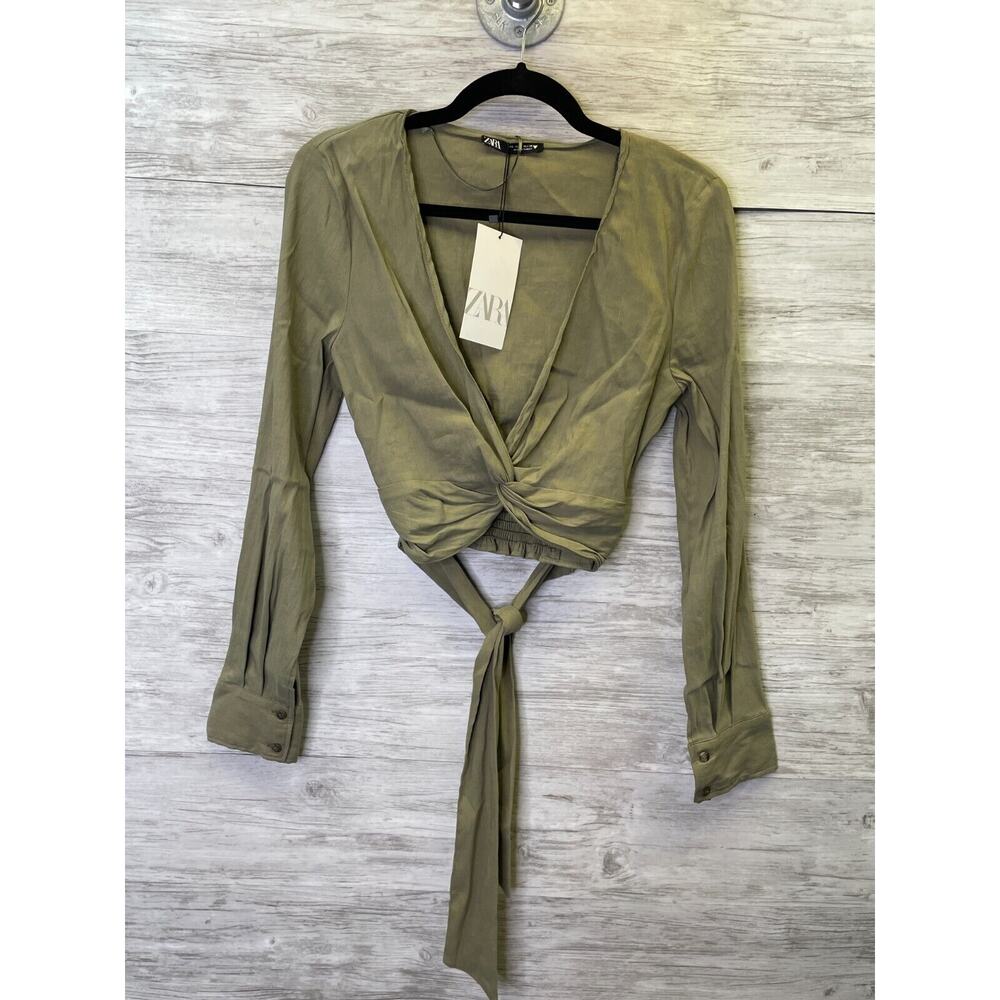 Zara Olive Green Long Sleeve Tie-Front Crop Top